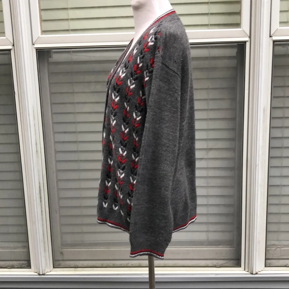 Amana Colonies Gray Red Black Grandma Chic Button Front Sweater size L/XL